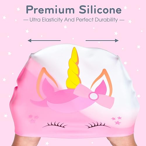 Miniatura 5 de 2 gorros de natación de silicona para niños y niñas (edad 3-12) cubre las orejas, gorro de baño impermeable para mantener el cabello seco, sombrero