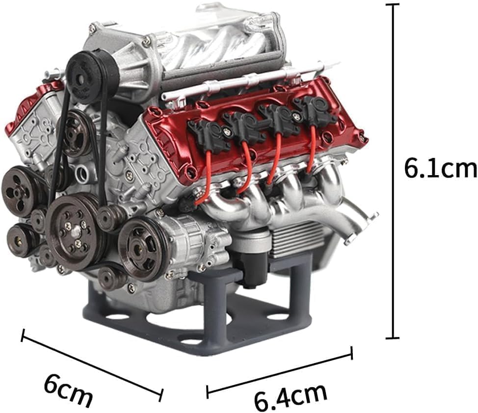 Dimensions of the V8 engine model: 6cm width, 6.4cm depth, 6.1cm height