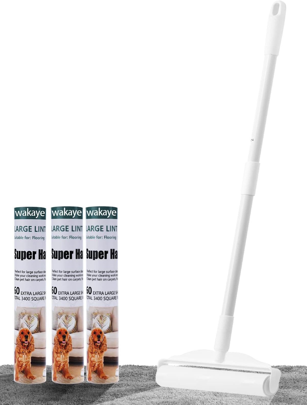 Large Lint Rollers for Carpet - 9.45 in Floor Lint Rollers with 3 Extendable Handle,Long Handle Sticky Mop for Cleaning Carpets, Couch, Clothing, and Pet Hair