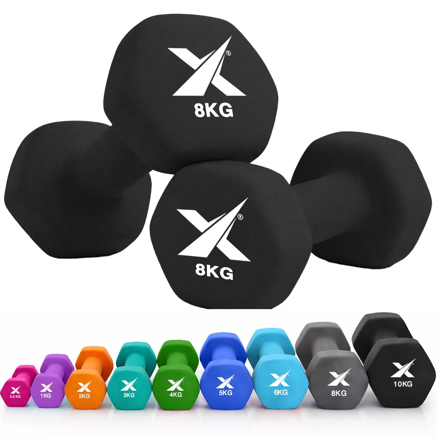 XN8 Neoprene Dumbbell Set, Non-Slip Dumbbells Pair of 0.5kg–10kg Hand Weights, Home Gym Strength Training Weights for Men & Women, Aerobics, Pilates, Body Toning, Arm, Biceps & Fitness Exercises