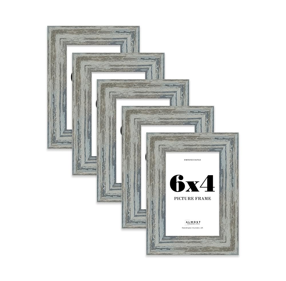6x4" Distressed Blue Picture Frame - Rustic Wood Industrial Effect Photo Frame for Wall Display, Ideal for Posters, Prints & Home Décor, Wall Hooks and Kickstand, 32mm Edge - 5 Pack
