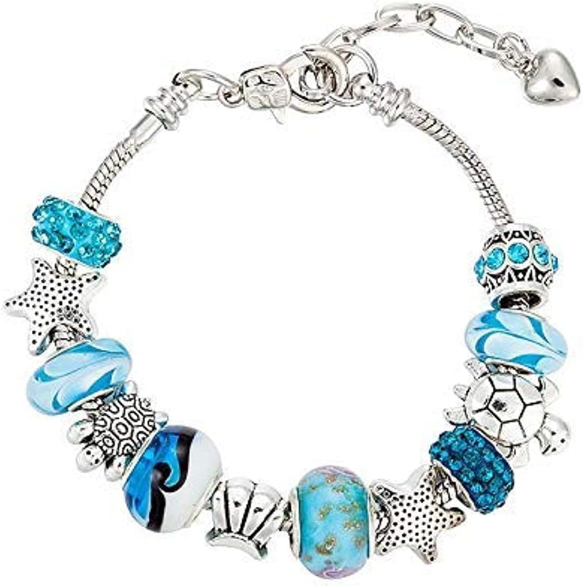 Ocean Series Pendant Bracelet – Blue Crystal/Glass Pearl Sea Star Shell Lady Crystal Jewelry – Valentine’s Day Gift (Silver)
