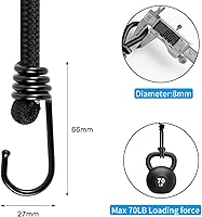 Vista 5 de Cuerda elástica pequeña de 12 pulgadas con ganchos, cuerdas elásticas negras resistentes al aire libre con ganchos para camping, lonas, tiendas