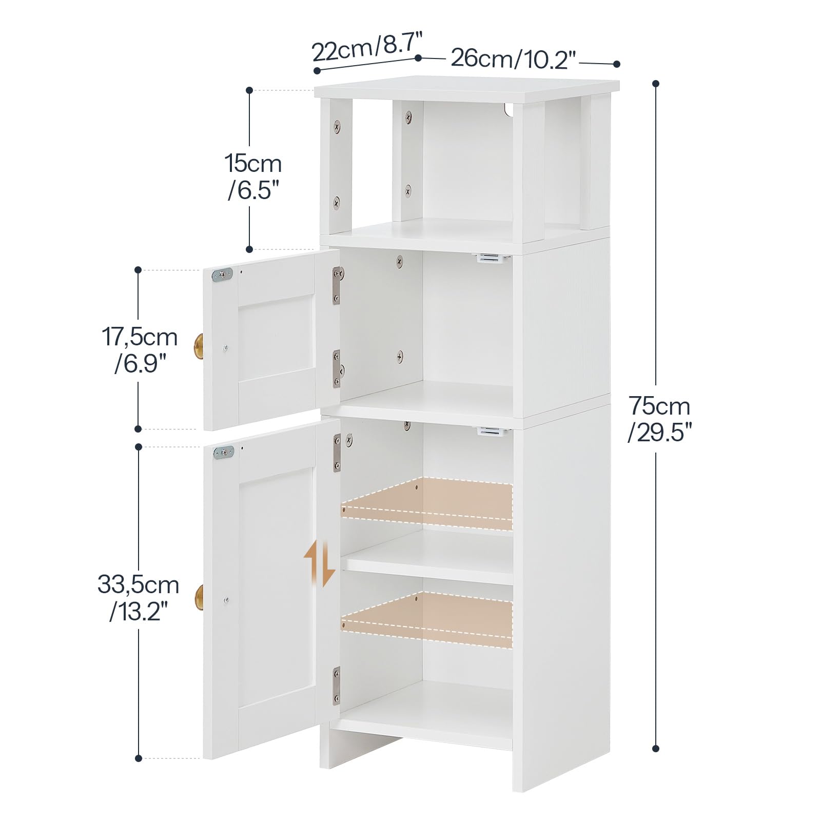 HOOBRO Armario de Almacenamiento para Baño, Mueble de Baño Estrecho y Compacto, Armario Alto Independiente con Estante Ajustable, para Lavandería, con Espacio Abierto y Oculto, Blanco EWT42BC01