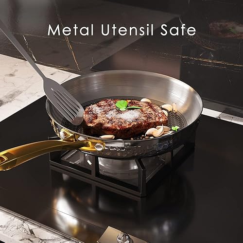 Miniatura 7 de Juego de ollas y sartenes, utensilios de cocina martillados de acero inoxidable de tres capas, compatibles con inducción, aptos para lavavajillas y