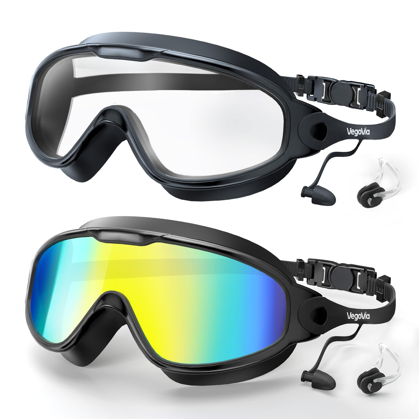 VegoVia Schwimmbrille für Erwachsene, 180° Weitsicht, Anti-Beschlag, UV-Schutz, auslaufsicher, wasserdicht, Schwimmbrille für Männer und Frauen, Jugendliche, Schwimmbad, Strand, Wasser, 2 Stück
