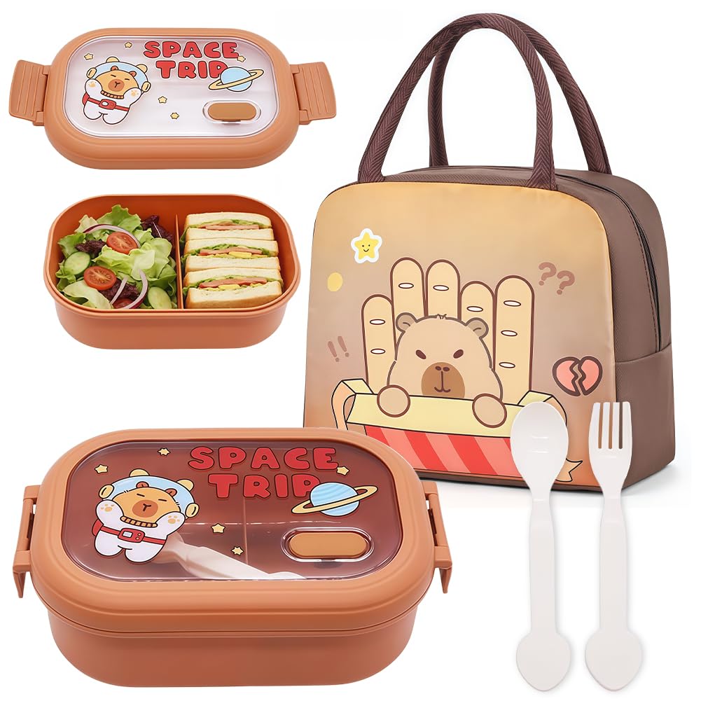 Capybara Lunch Box, Capybara Bento Box Set with Lunch Bags Utensils Leakproof Lunchs Container Lunchbox Portability Snack Boxes Lunchboxs with Compartments for School,Picnic Lace Masquerade Masks