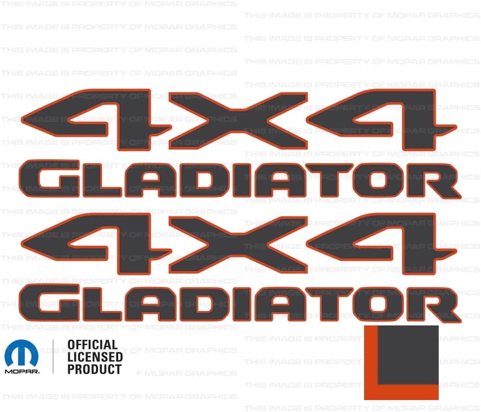 Decal Mods 4x4 Gladiator Bedside Graphic Decals/Stickers fits Jeep Wrangler/Gladiator JL/JT (2019-2024) Dark Gray w/Orange Outline (Mojave) FDGOO (Set of 2) | FJ2G5
