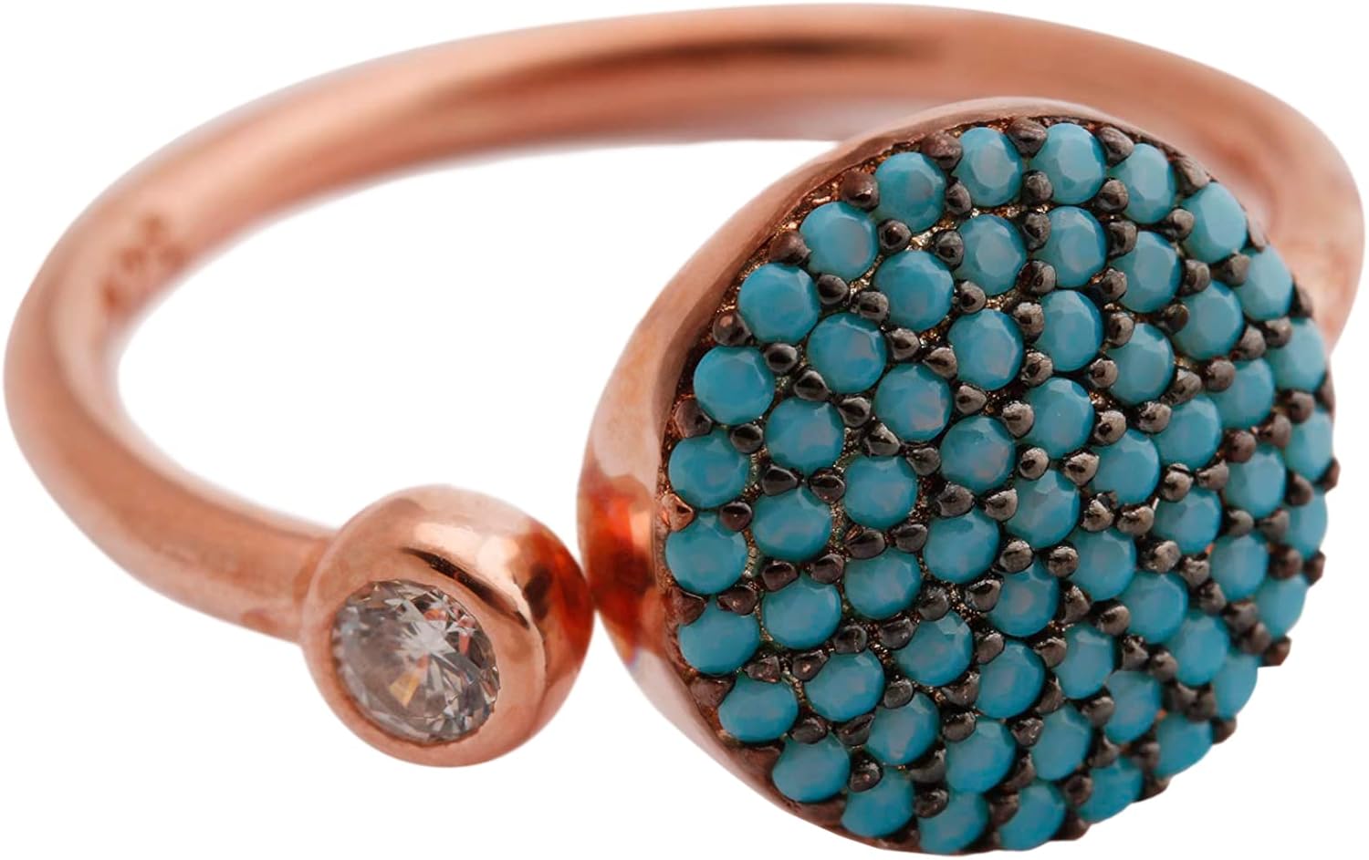Special Design! Turkish Handmade Jewelry Round Shape Turquoise and Round Cut White Topaz Rose Gold 925 Sterling Silver Ring Adjustable Size
