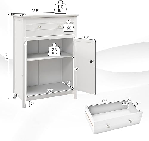 Miniatura 3 de COSTWAY Armario de suelo de baño, organizador de almacenamiento lateral de madera con cajón más grande, estante ajustable y armario de 2 puertas,