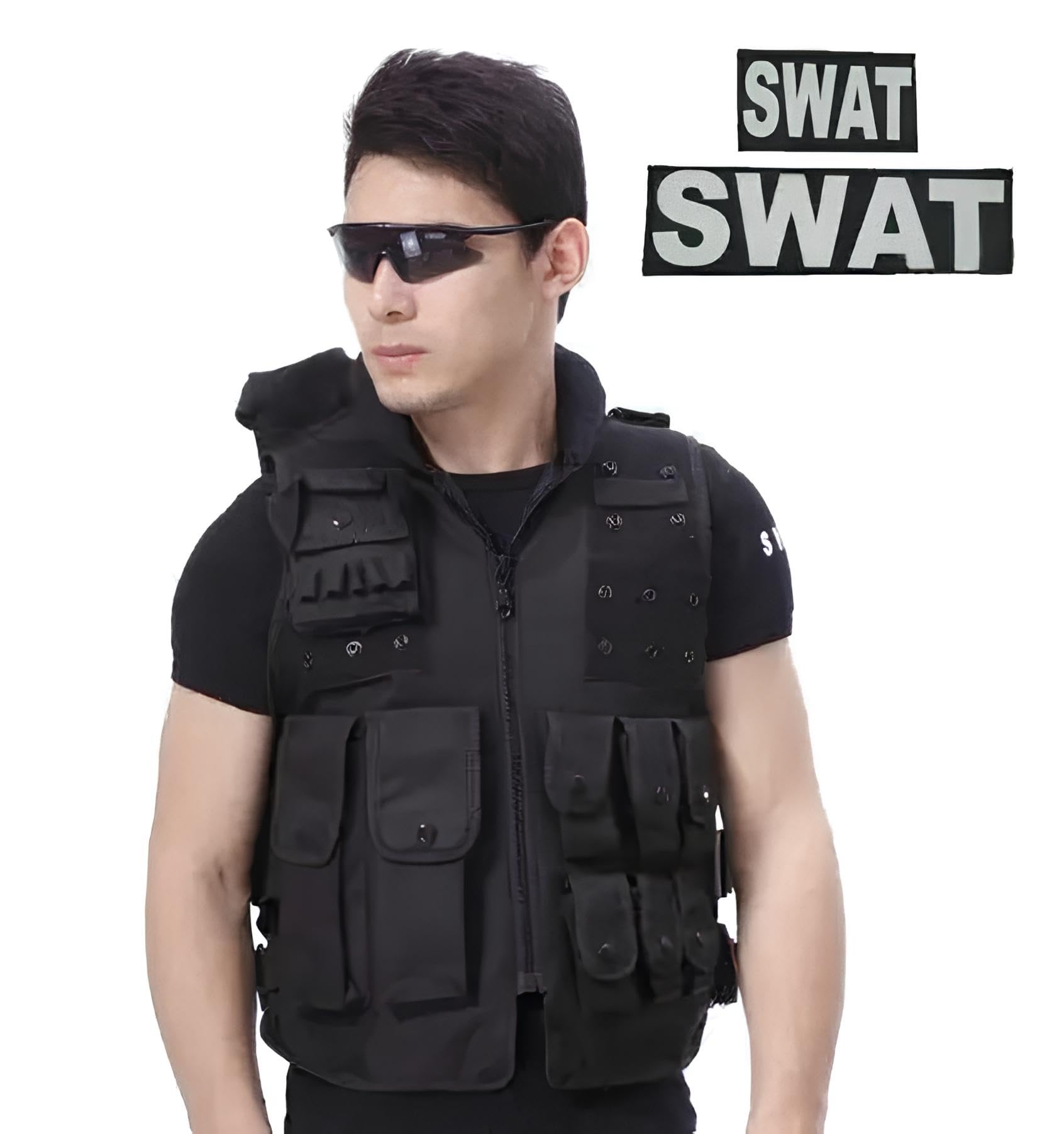 Gilet tattico da uomo, nero, regolabile, in tessuto Oxford, con tasche multiple, per softair, paintball, allenamento, caccia all'aperto, attrezzatura di sopravvivenza, sicurezza e forze