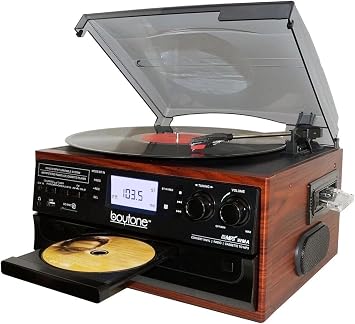 Boytone BT-22M, Bluetooth Record Player Turntable, AM/FM Radio, Cassette, CD Player, 2 Built in Speaker, Ability to Convert Vinyl, Radio, Cassette, CD to MP3 Without a Computer, SD Slot, USB, AUX