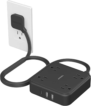 TESSAN Surge Protector Flat Extension Cord 5Ft, Flat Plug Power Strip | 4 Outlets 3 USB Ports 1 USB C, 900 Joules Protection, Multiple Wall Outlet Extender Suitable for Home Office Dorm, Black