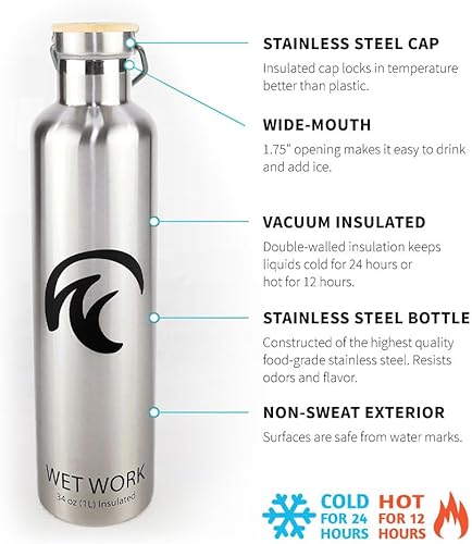 Miniatura 2 de Wet Work Botella de agua de acero inoxidable para bebidas frías y calientes, termo aislado de doble pared para agua, refrescos, café, té con boca