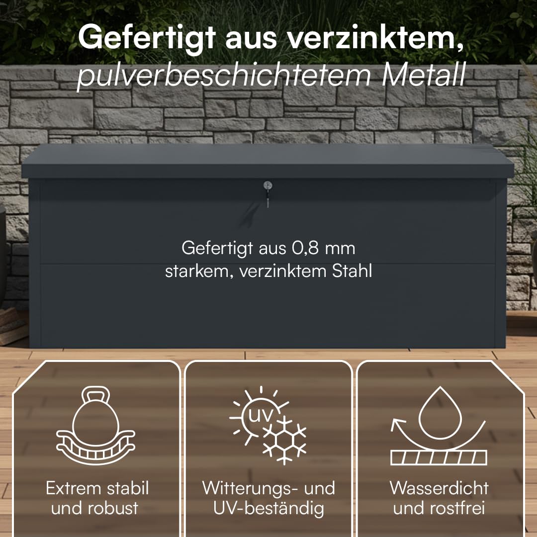 STEELSØN Icarus Gartenbox Metall 560 L – Auflagenbox mit Deckel abschließbar – Gartentruhe wasserdicht – Aufbewahrungsbox in Anthrazit – outdoor Kissenbox 165x70x63 cm – große Truhe für Gartenpolster