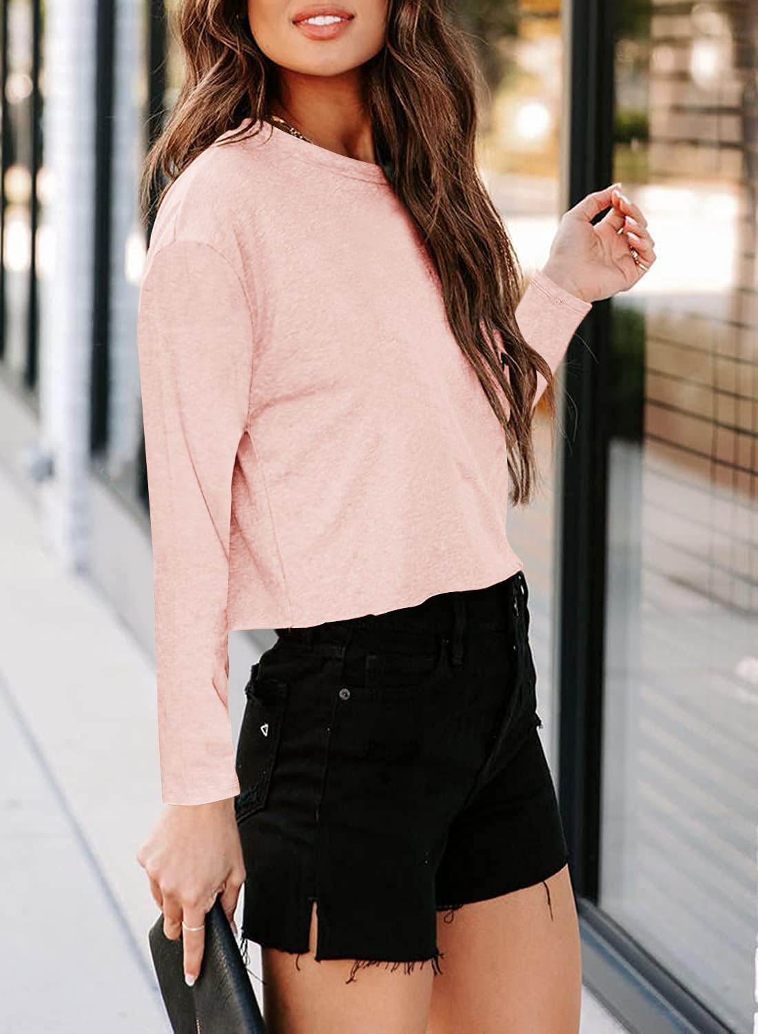 Tankaneo Women Long Sleeve Crop Tops Loose Crew Neck Cropped T-Shirts Drop Shoulder Casual Basic Tees L-Blue - Image 2