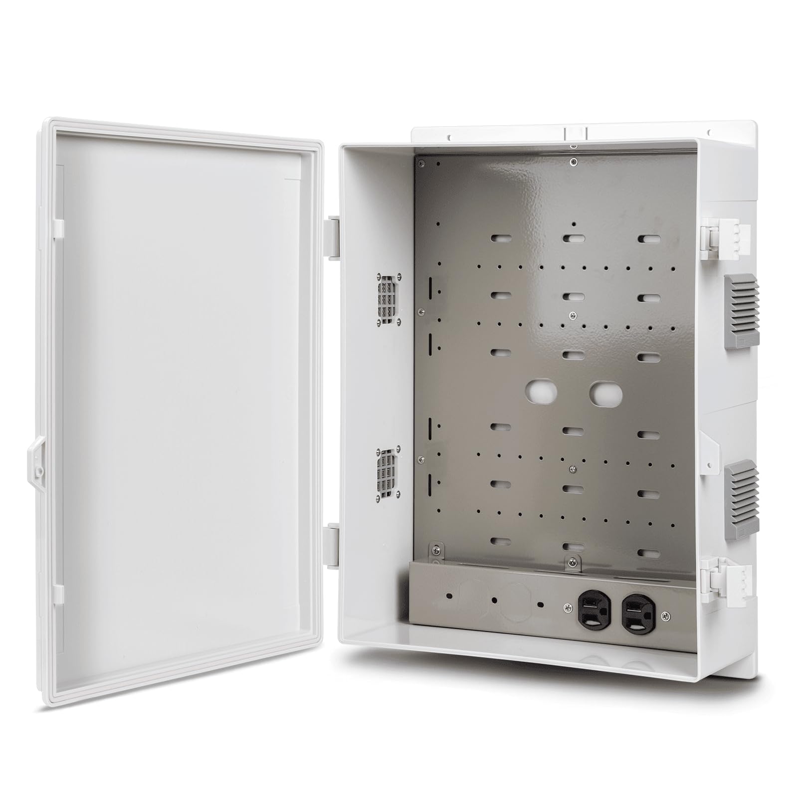 Outdoor Electrical Junction Box with High Power Outlet, ABS Water Resistant Enclosure with Internal Mounting Panel & Hinged Cover. (18.1"H* 12.6"L* 6.3"W & Outlet)