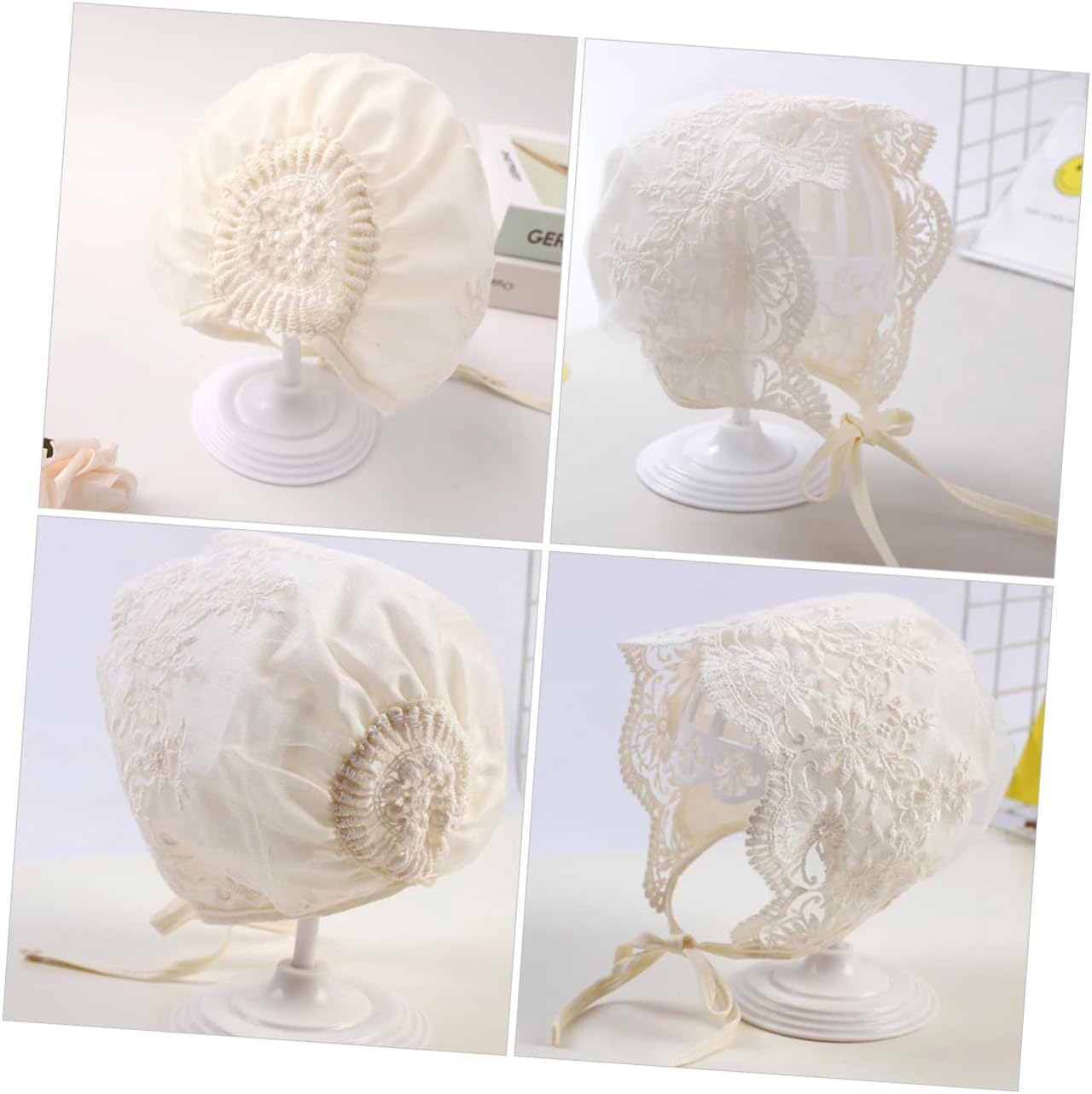 Baby Girl Lace Bonnet 2pcs Summer Hat for Weddings Beige