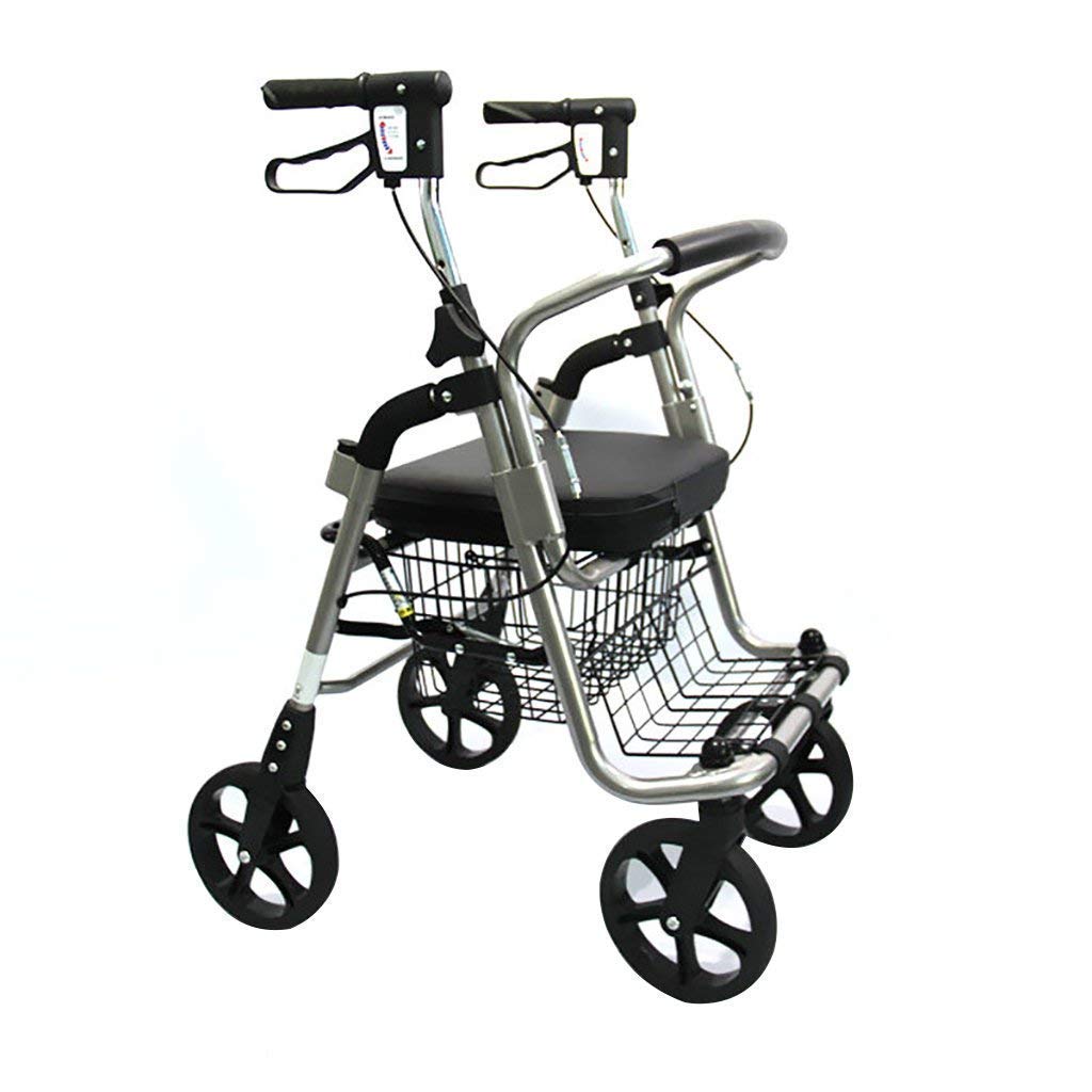 Andador para Ancianos,Práctico andador con ruedas de cuatro ruedas con asiento para personas mayores de aluminio compacto, plegable y ligero, incluye asiento y cesta de la compra