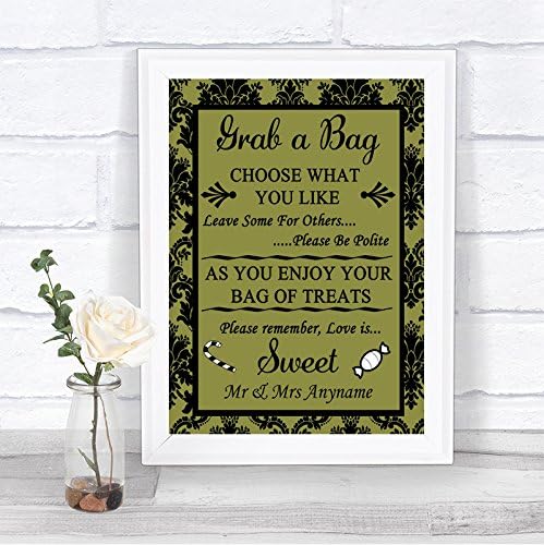 Olive Black Damask Candy Buffet Sweet Cart Poem Personalized Wedding Sign