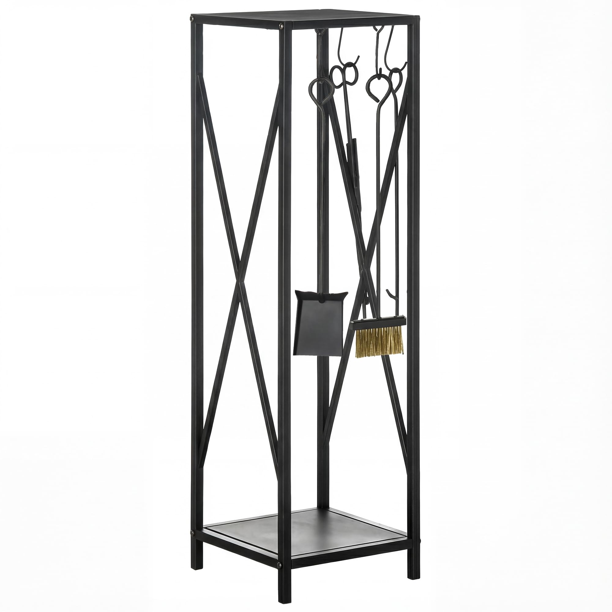 Outsunny Porte bûches - Range bûches Serviteur de cheminée Colonne - Multi Accessoires dim. 34L x 34l x 111H cm métal Noir