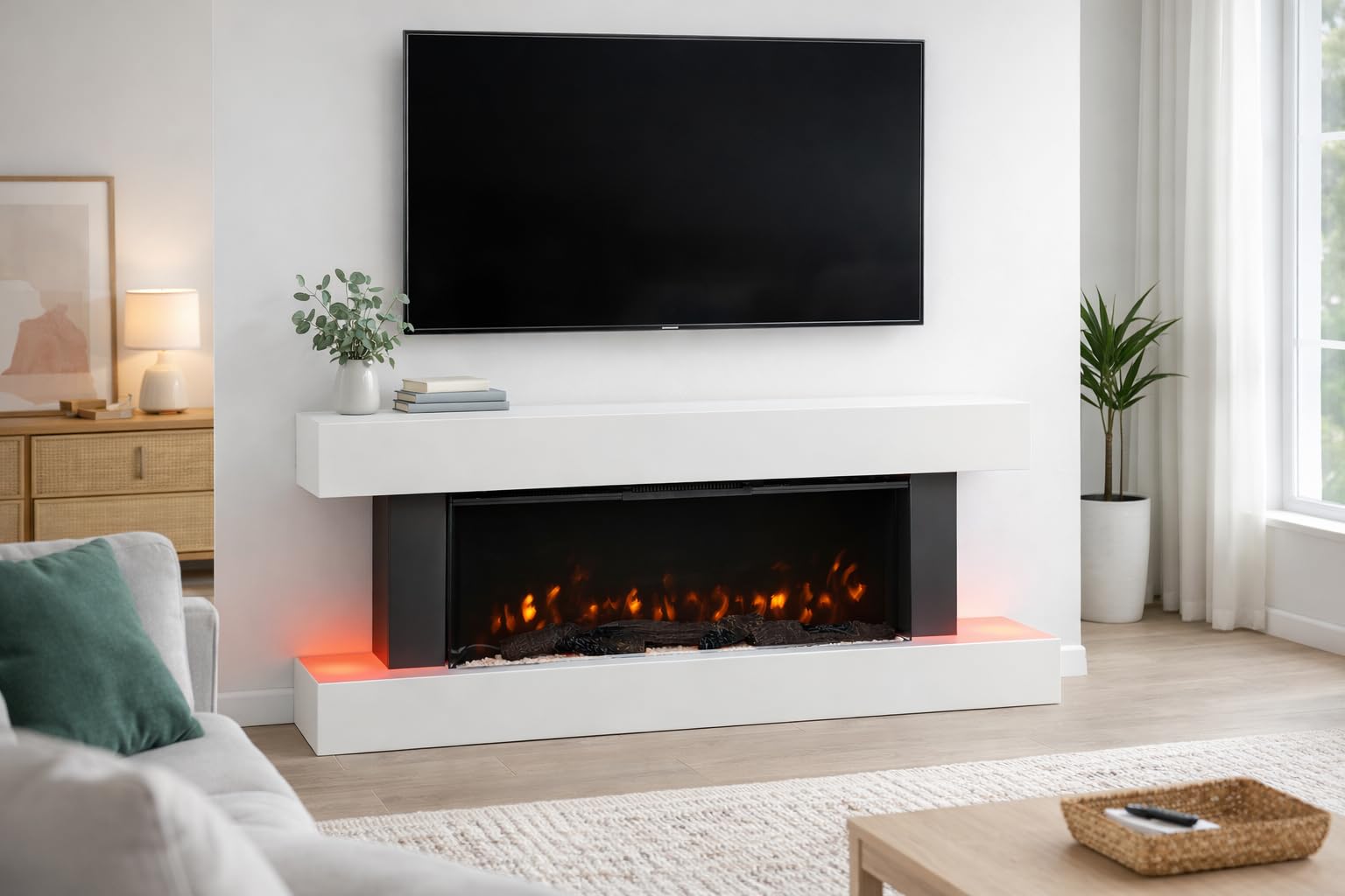 DUPI Chimenea Eléctrica Nero Pro SENZIA | 3 en 1 con Calefacción | Efecto Llama 3D Panorámica | 12 Colores Llama | App Tuya/Smart Life/Alexa | Blanco/Gris | 134x58x21cm