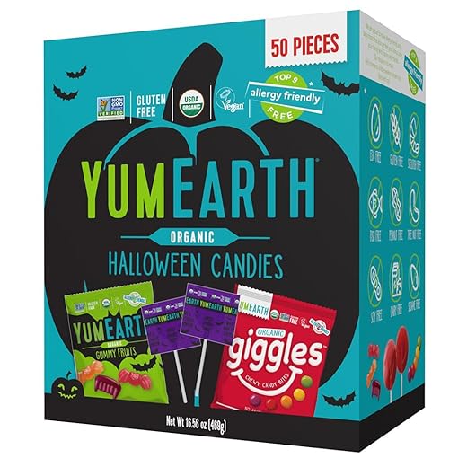 YumEarth Organic Halloween Variety Box - Allergy Friendly (Top 9 Free), No Artificial Dyes, Non GMO, Gluten Free, Vegan Candy Snacks, Individually Wrapped (Pack of 50)