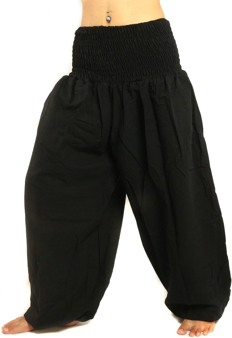 Jing Shop High Cut Harem Baggy Pants with Wide Legs and Smocked Wide Waist Cotton - Image 3