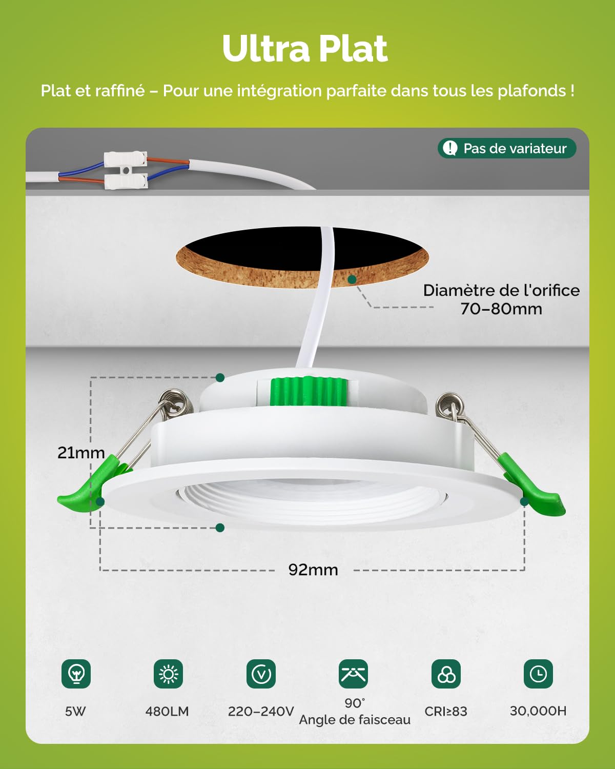 Fondiiz Spot LED Encastrable Orientable, 5W 480LM Spots de Plafond Encastré Blanc Chaud 2700K Blanc Neutre 4000K Blanc Froid 6000K Réglable, IP44 Spot pour Salle de Bain Salon, Trou Ø70-80mm, Lot de 6