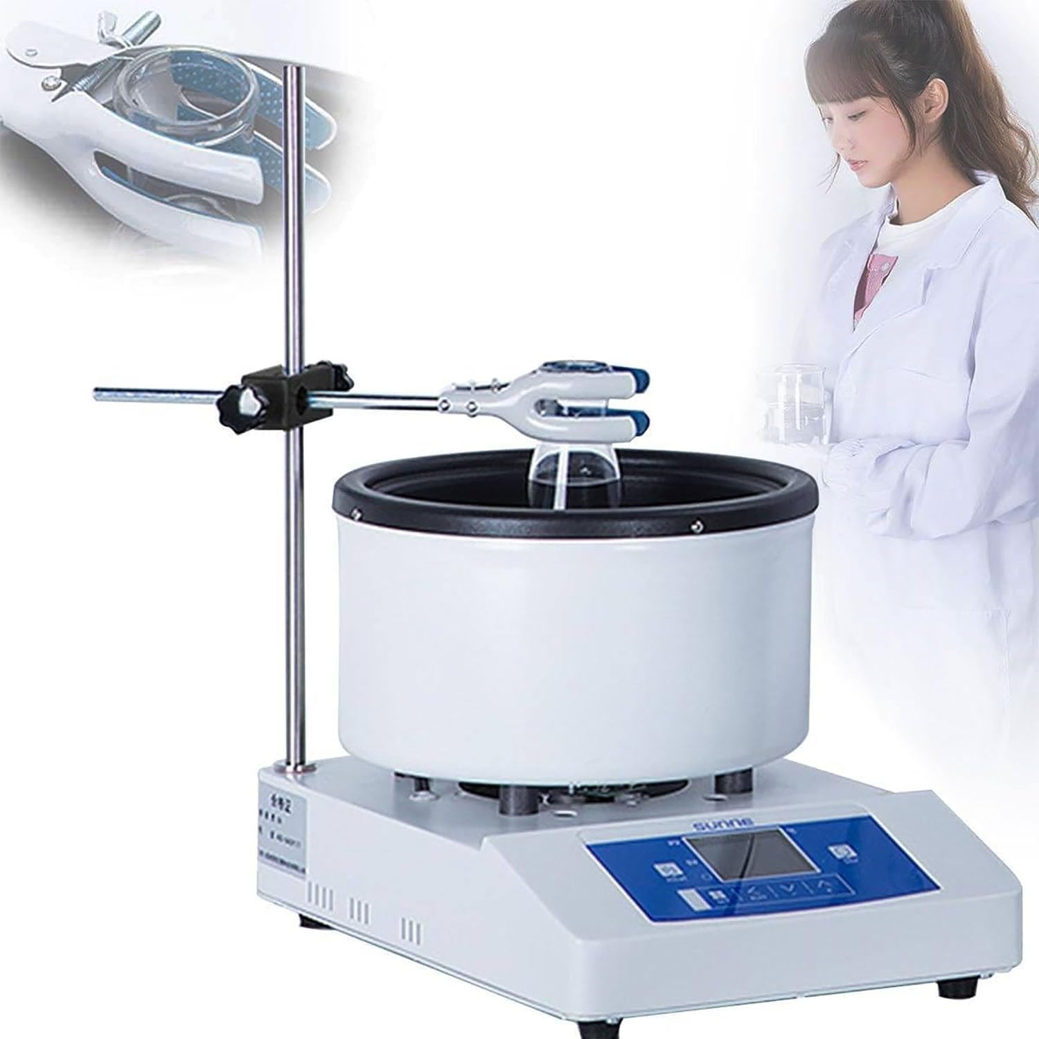 Mezclador magnético, olla de calentamiento de laboratorio con soporte ajustable y sensor de temperatura integrado, calentamiento uniforme, 50-2000 RPM para líquidos de baño de agua y aceite
