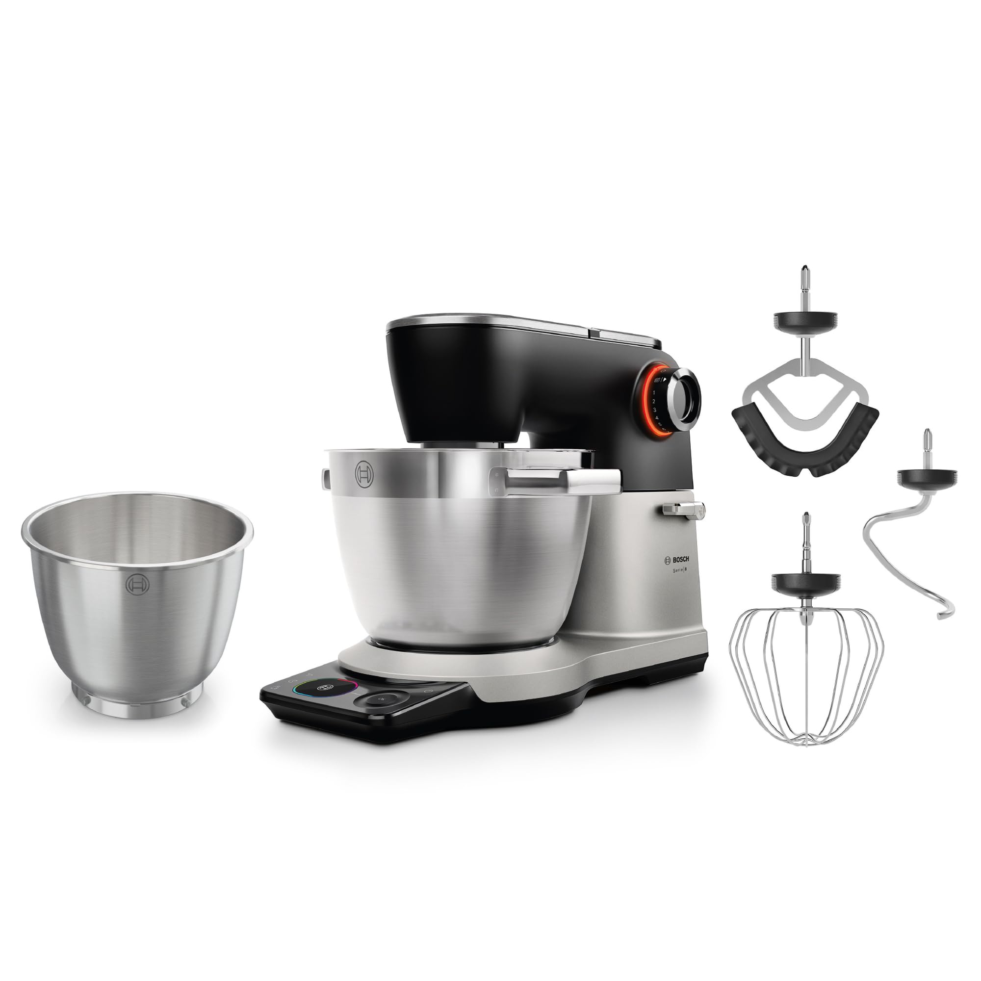 Bosch Robot pâtissier Série 8, avec balance intégrée, moteur 1800 W refroidi par air, mélange homogène 3D, set pâtisserie, bol 6,0 L, bol supplémentaire 5,3 L, châssis en métal noir/argent, MUMS8ZS18