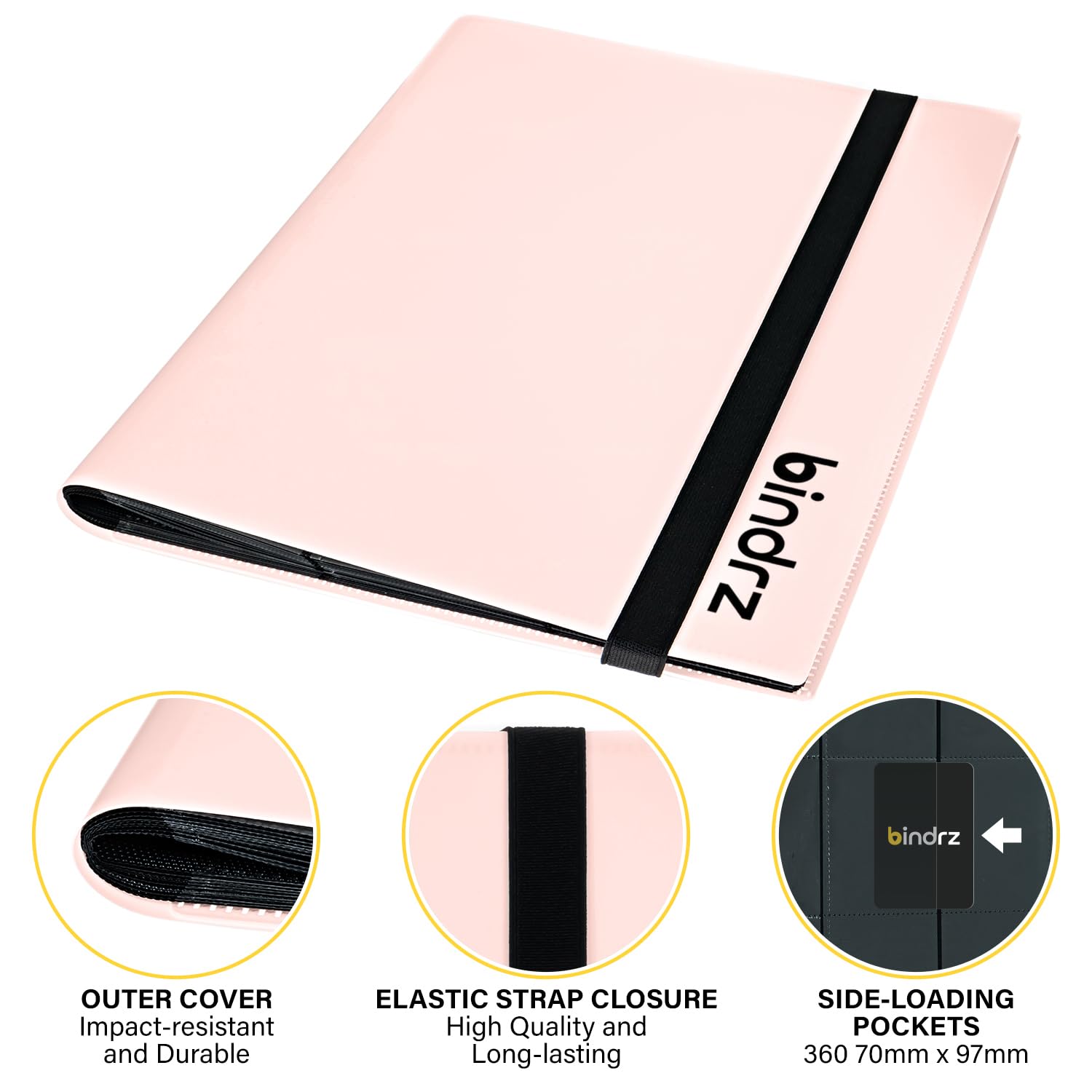 bindrz 9 Pocket Strap Binder Album for 360 Trading Cards - Side Loading Pockets Folder - Archival Safe Material for CCG TCG MTG and Sports Collectibles (Pink)