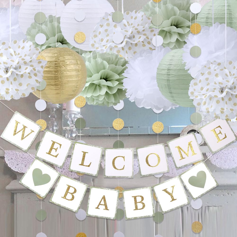 luckylibra Sage Green Baby Shower Decorations,Welcome Baby Banners Paper Lantern Paper Flower Pom Poms