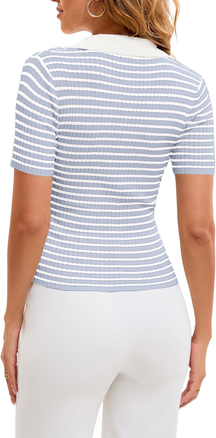 Cioatin Women Short Sleeve Striped Knit Polo Crop Shirt Tops Vintage Collar V Neck Slim Fit T-Shirt Aesthetic Going Out - Image 4