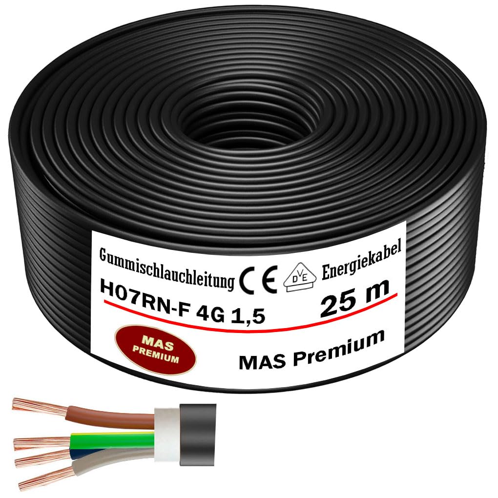 Cable de alimentación de goma de 5 a 100 m, H07RN-F 4G1,5 mm², cable flexible con conductor de protección para dispositivos pesados (25 m)