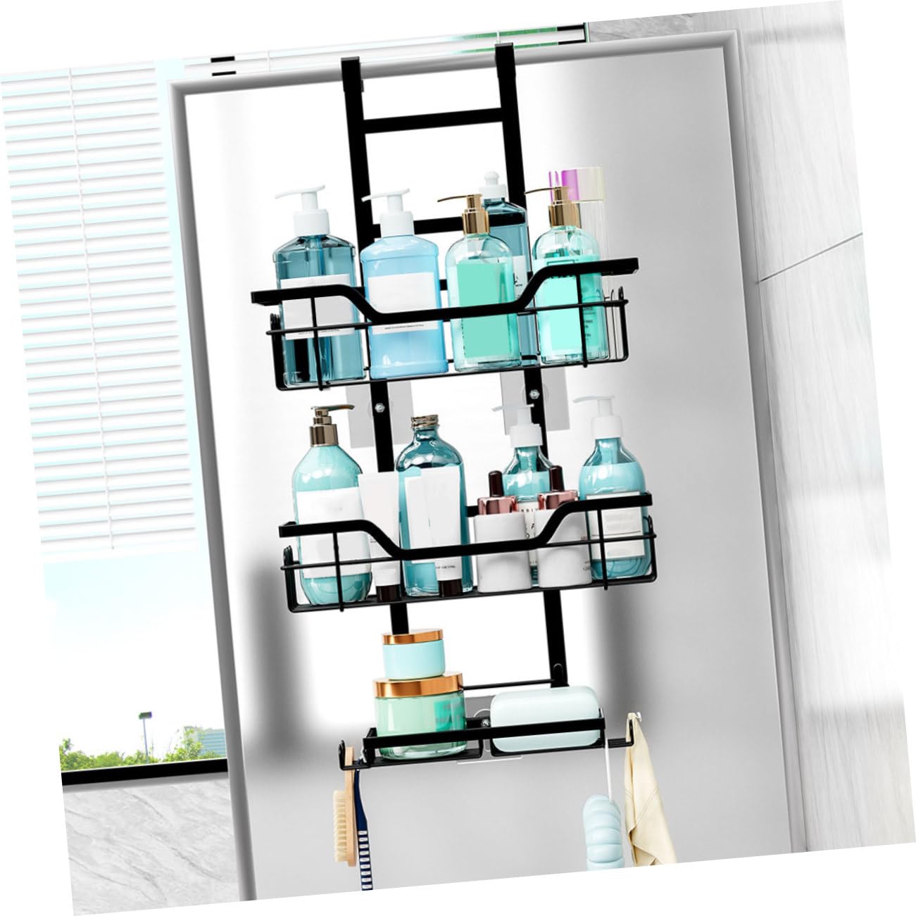 Portaoggetti Doccia 3 Livelli in Ferro Nero per Bagno e Cucina | Design a Rete, Uso Multiplo, Struttura da Appendere Oltre Porta senza Forare