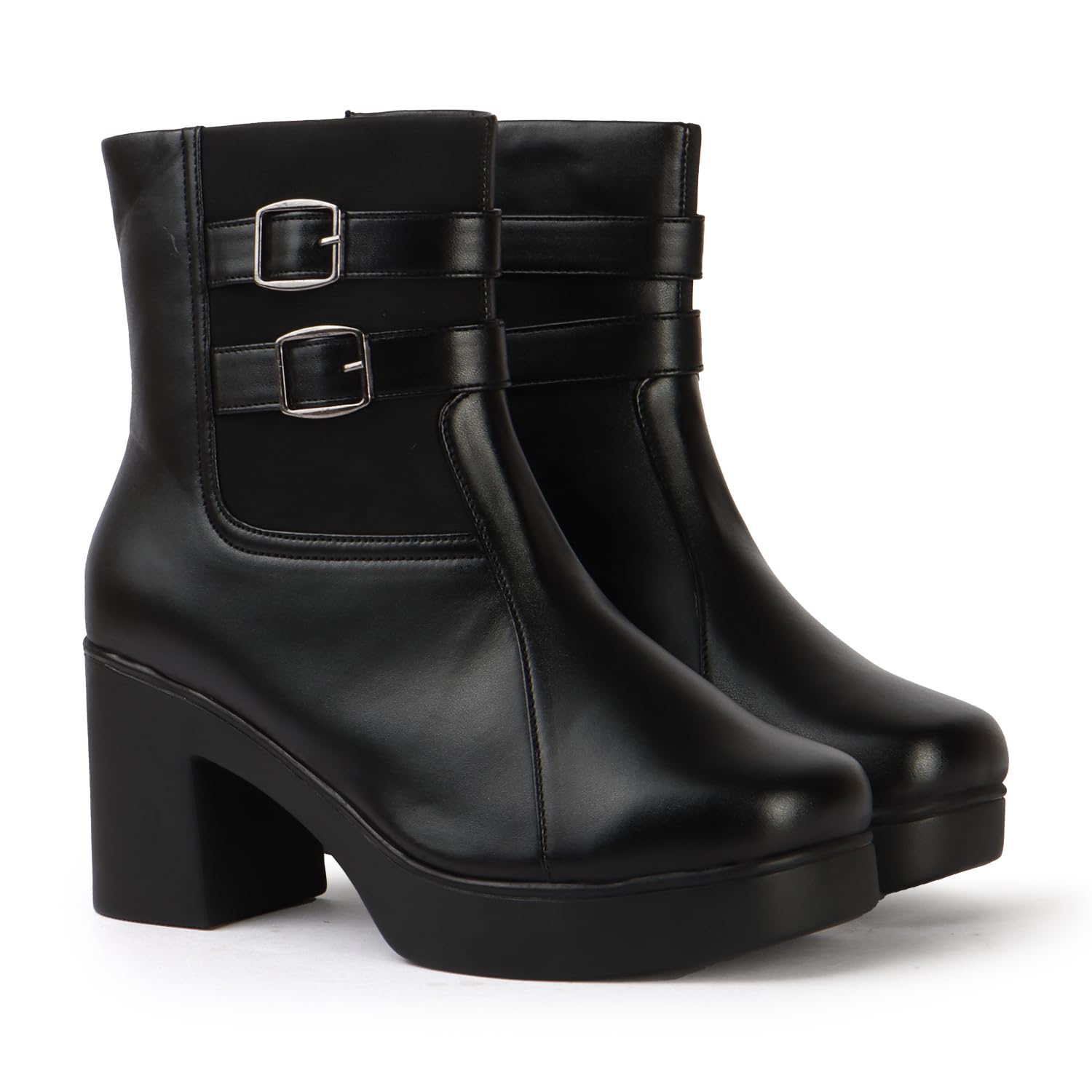 strasse paris Women’s Black Double Buckle PU Ankle Boots | Block Heel Boots-picture-53