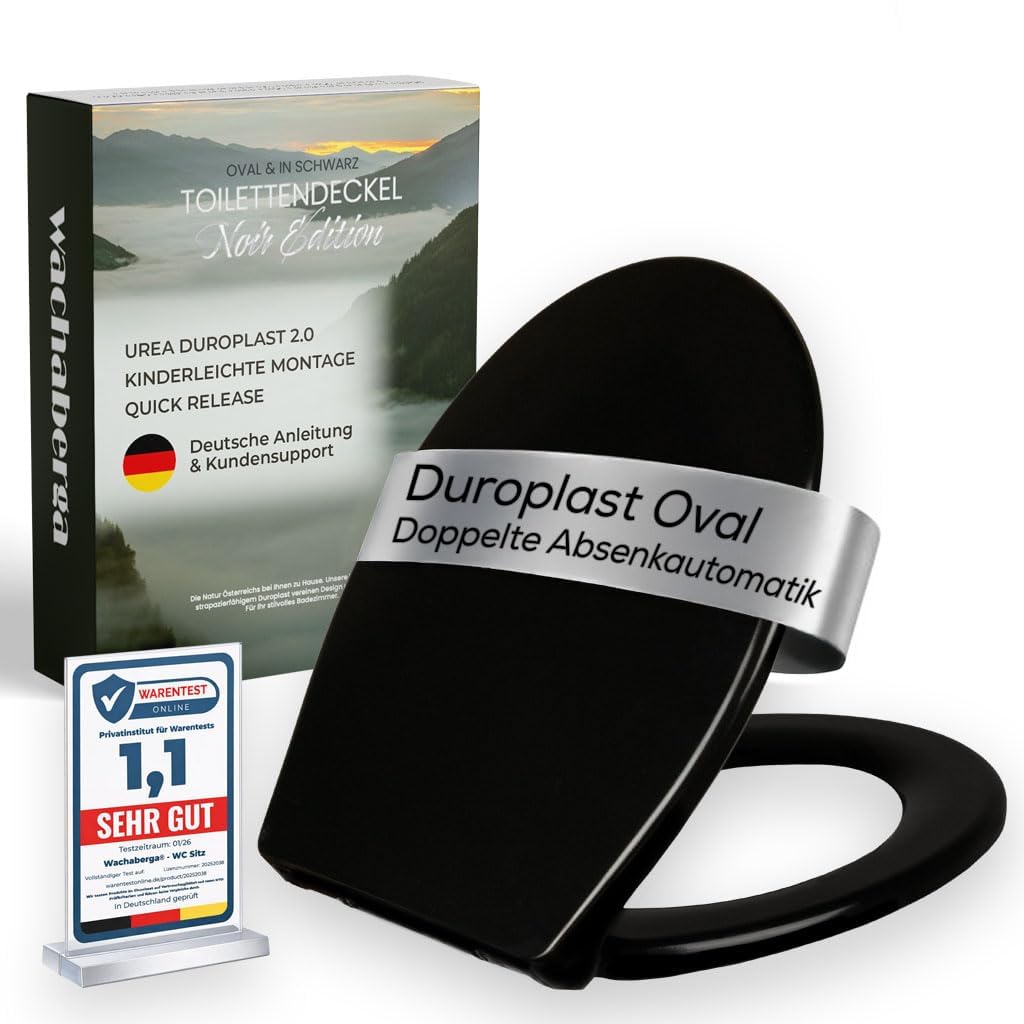 Wachaberga® Toilettendeckel schwarz mit Absenkautomatik, WC Sitz Oval Duroplast mit Softclose, stabilen Edelstahl-Scharnieren, abnehmbarer Klodeckel inkl. zwei Montage-Sets und 6 extra Puffern