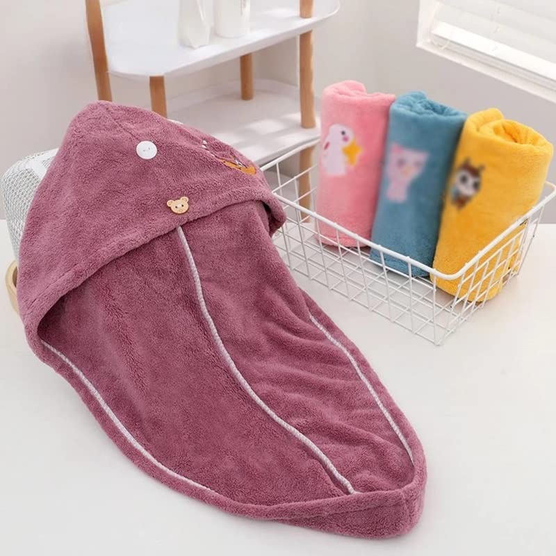SwirlColor Muts, droog haar voor kinderen, 2 stuks, schattige stripbeer, handdoek, microvezel, zeer absorberend, douchemuts voor kinderen, badhanddoek, roze en kameel