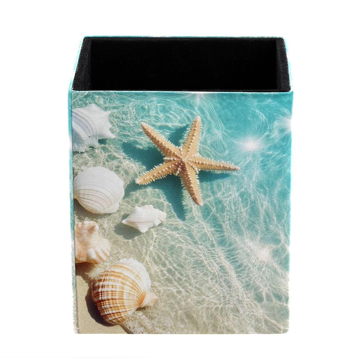 HEOEH Beach Starfish Shells Pen Holder Pen Pot, Square Pencil Cup for Desk