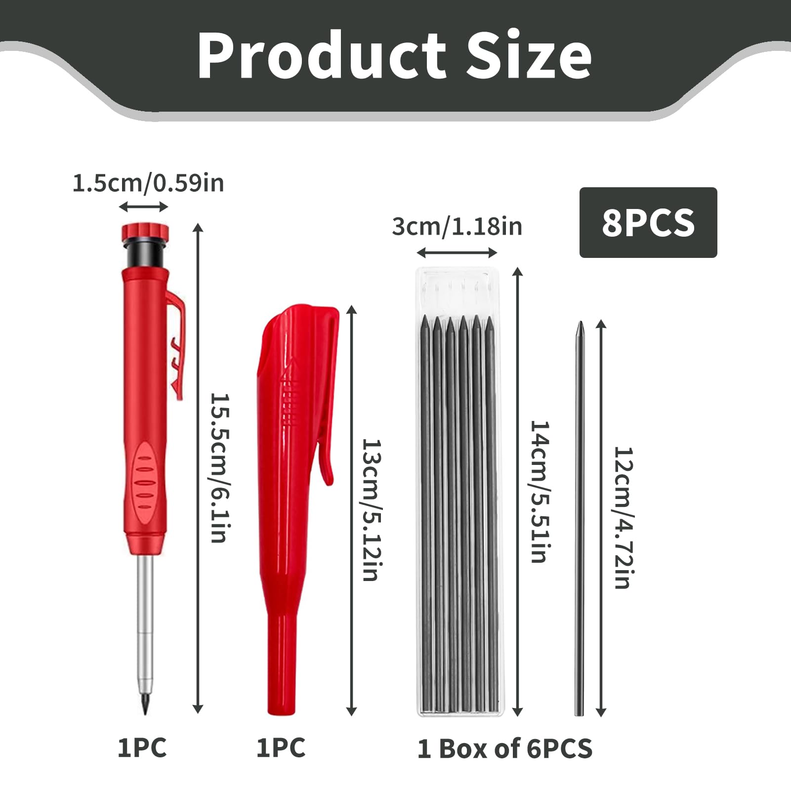 Matita da Carpentiere, Matita Falegname Meccaniche con 6 Ricariche 2,8mm, Matite Punta Lunga per Fori Profondi con Temperamatite Integrato Custodia Protettiva, per Legno Metallo Cemento Vetro Plastica