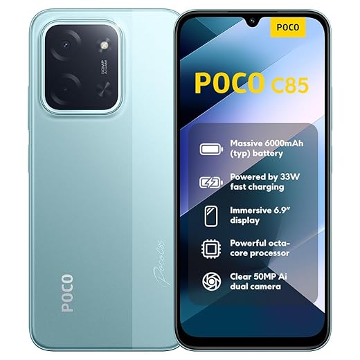 XIAOMI POCO C85, Smartphone 8+256GB, Display 6,9" 120Hz 7,99mm Design, MediaTek Helio G81-Ultra Octa-core, Doppia fotocamera AI da 50MP, 6000mAh, garanzia di 2 anni, Verde, Caricabatteria non incluso