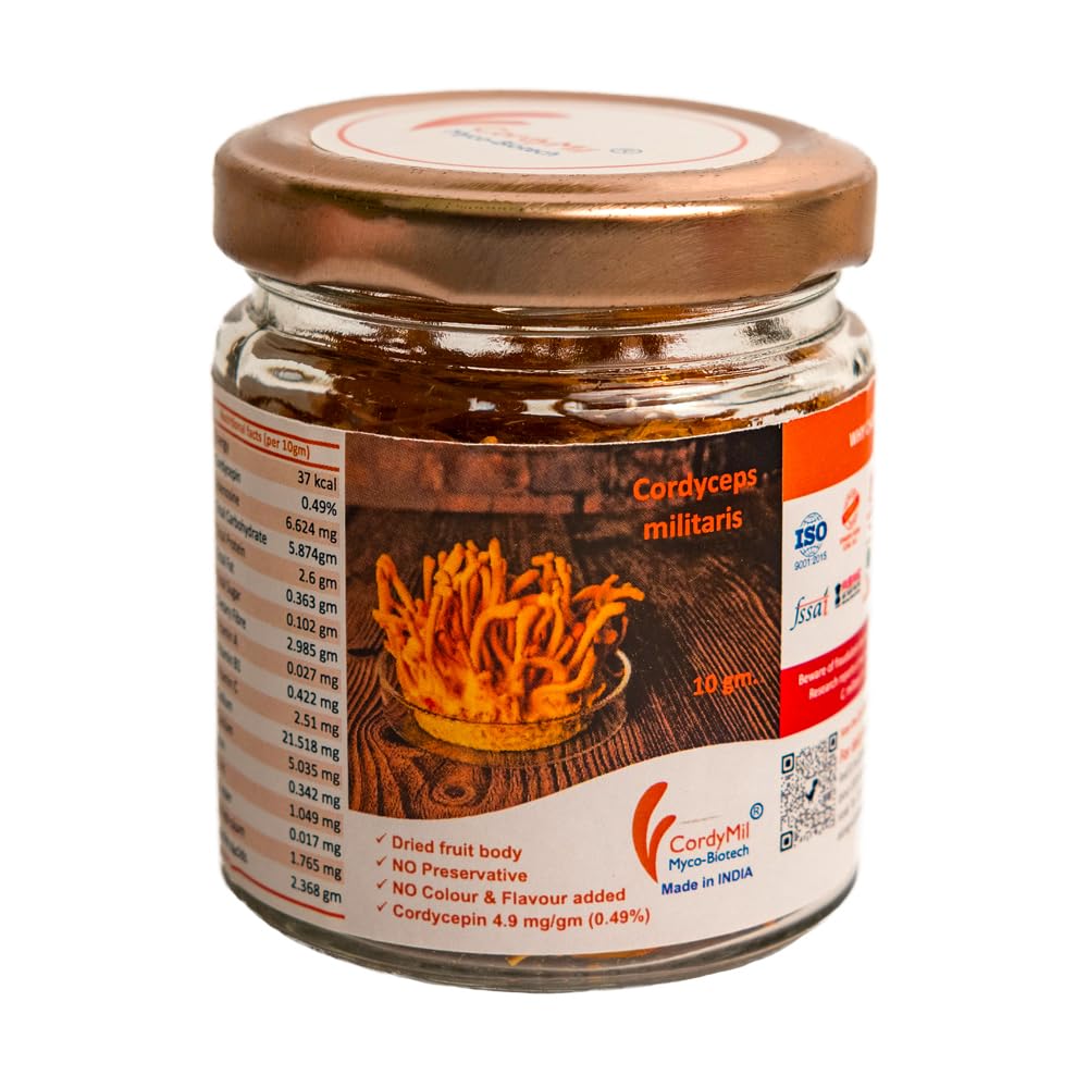 CordyMil 10 - Pure & Authentic raw dried fruit bodies of Cordyceps militaris mushroom (no additive added) - 10 gm.