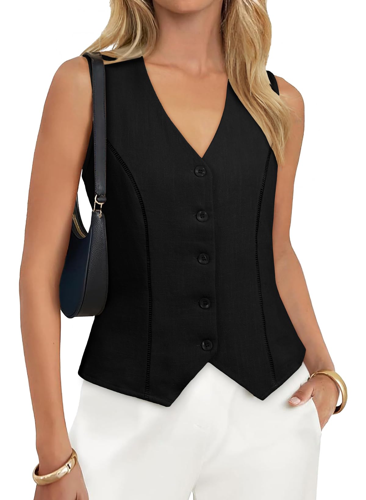 BLENCOT Linen Vest Tops for Women Slim Fitted Sleeveless Button Down Work Blazer Waistcoat Going Out Tops for