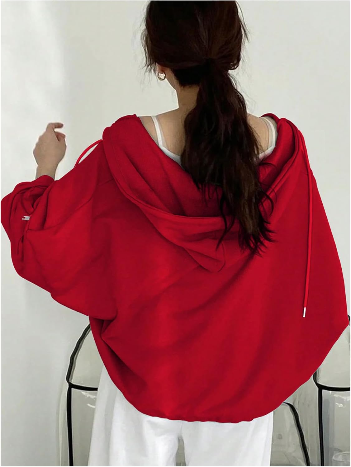 Women's Zip Up Drawstring Hoodie Long Sleeve Drop Shoulder Loose Sweatshirt Outerwear - Image 2