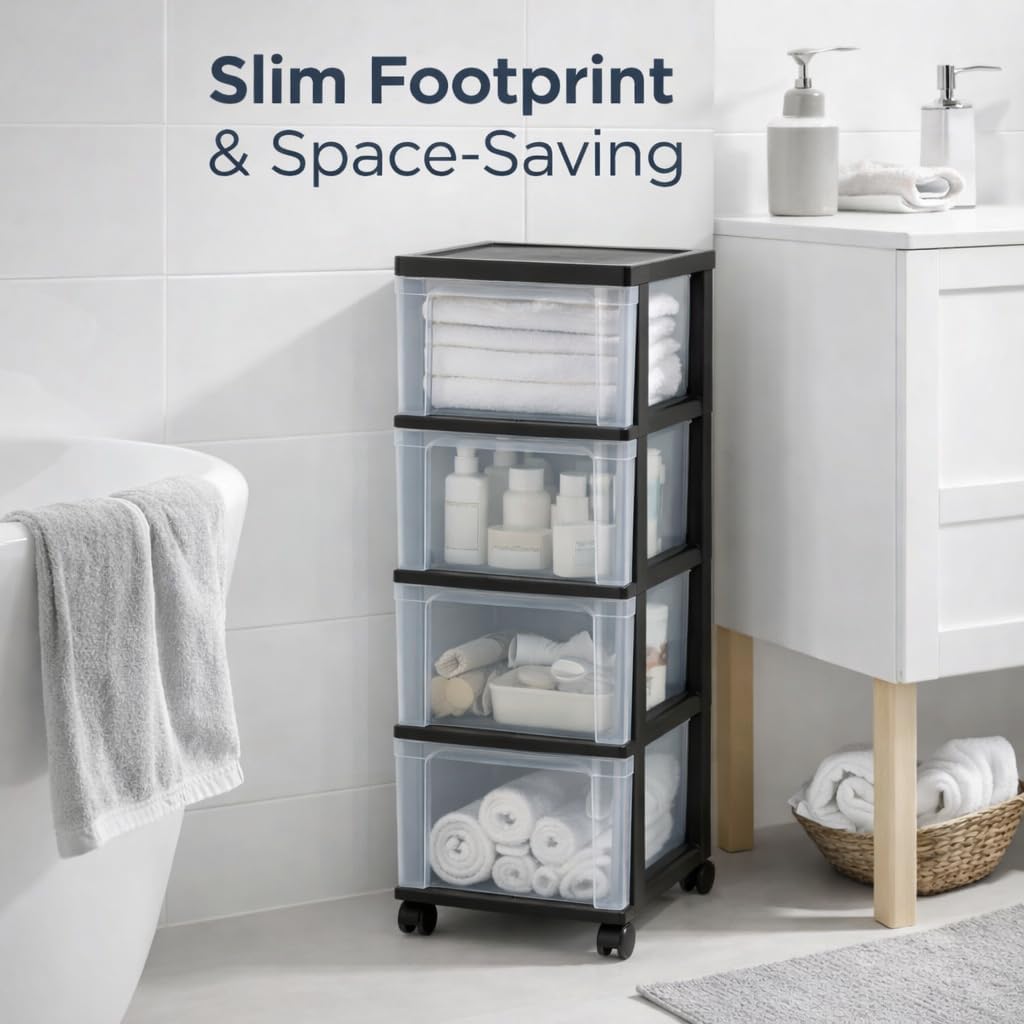 4-Drawer Narrow Plastic Storage Cart with Wheels | Rolling Organizer for Kitchen, Desk | Durable Black Storage Drawers, Stackable & Multi-Purpose | Under Desk Storage Solution