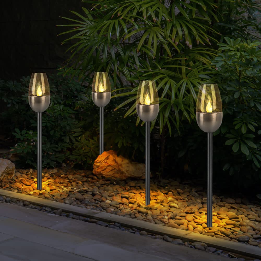 Solarleuchte Wegelampe Außenleuchte, Gartenfackel mit Feuereffekt, Terrassenlampe, integrierter Akku, Metall, schwarz, LED, DxH 6x38cm, 5er Set