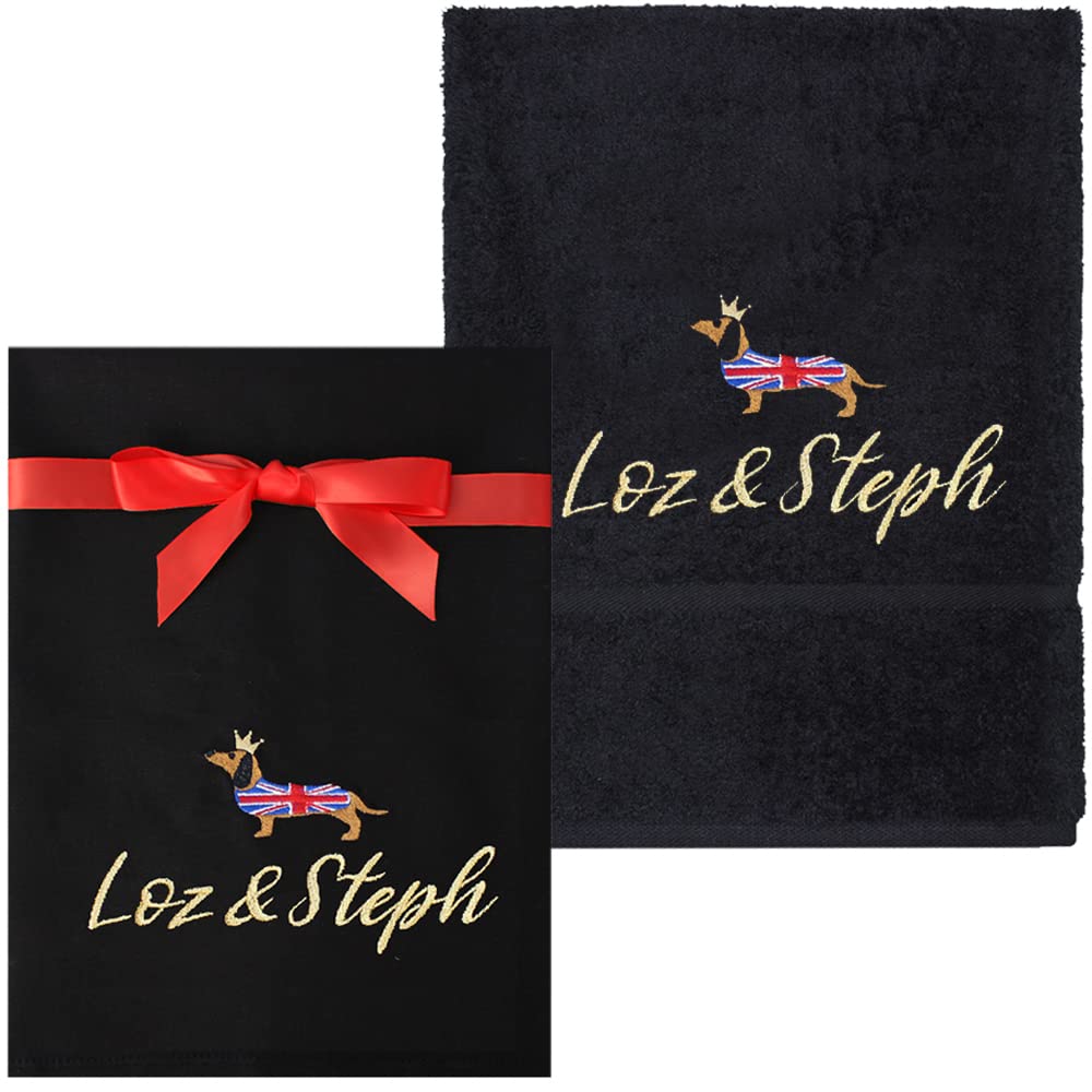 Teddyt's Black Personalised Union Jack Dachshund Sausage Dog And Gold Tea Towel And Hand Towel Gift Set