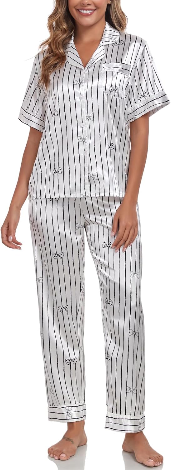 Silk Pajamas for Women Set Short Sleeve Sleepwear Button Down Shirt with Long Pants 2 Piece Striped Soft Pj Set - Image 3