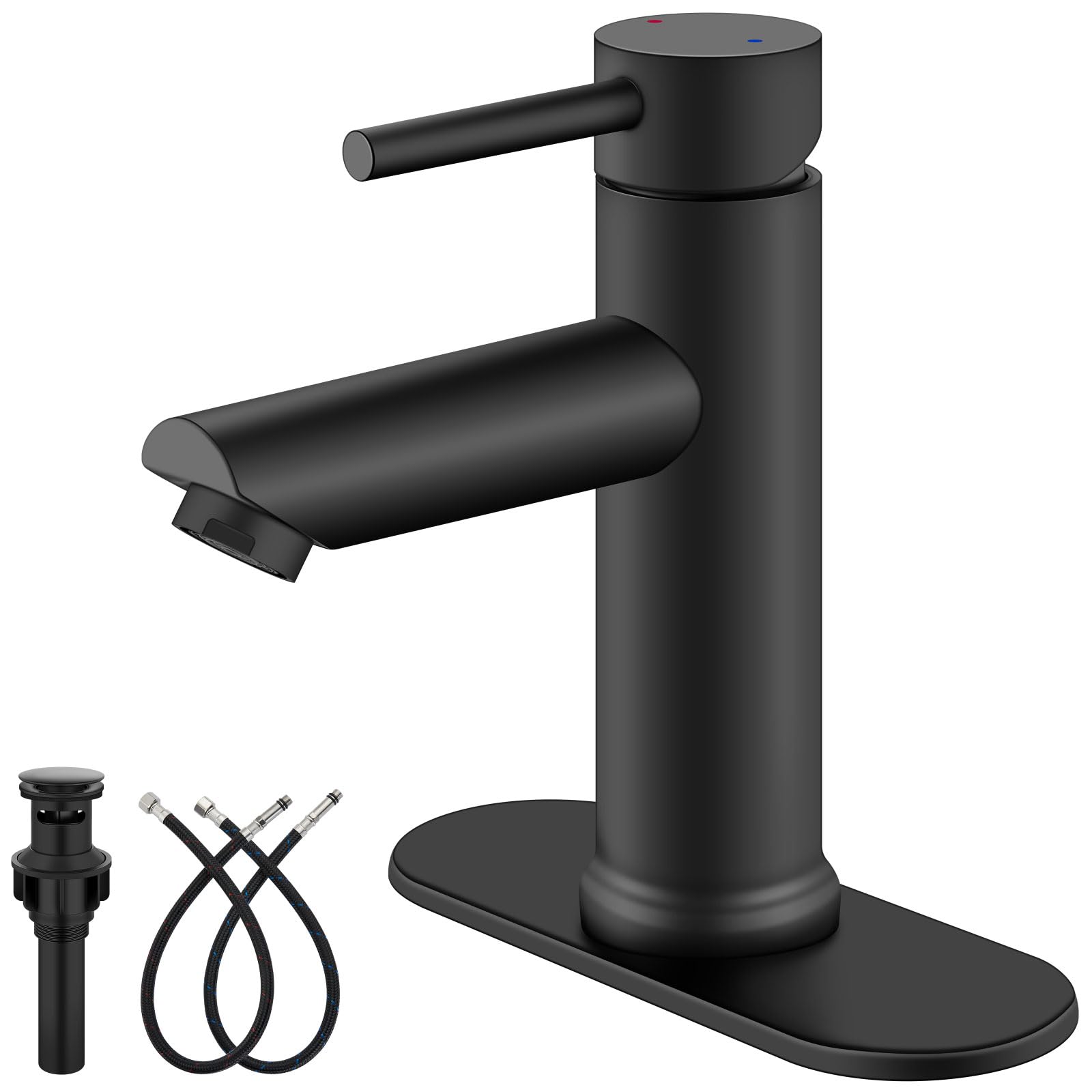 Grifo de baño Monomando de un Solo Orificio, con mangueras de Suministro, desagüe emergente y Placa de Cubierta, Color Negro Mate.